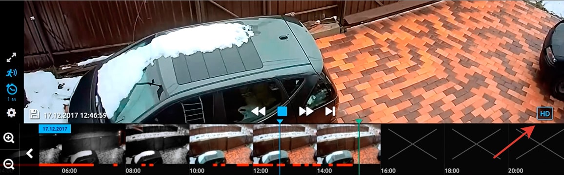 Личный кабинет системы видеонаблюдения WebGlazok - кнопка HD для переключения качества просмотра видео