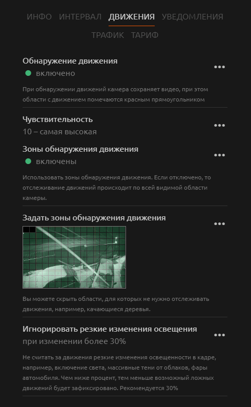 Личный кабинет системы видеонаблюдения WebGlazok - настройки камеры: датчик движений